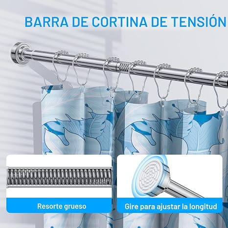 TEECK Barra de cortina de ducha, 32 a 80 pulgadas, barra de cortina de tensión de resorte ajustable, nunca se oxida, barra de cortina de ducha antideslizante para baño, sin taladrar, nunca se colapsa