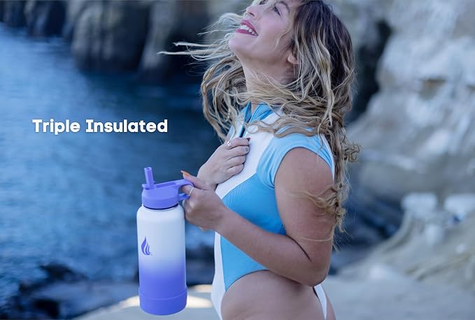 HYDRO CELL - Botella de agua aislada y deportiva de acero inoxidable con pajilla, termo para bebidas frías y calientes con tapa de rosca, a prueba de fugas, para adultos (lavanda y blanco, 32 onzas)