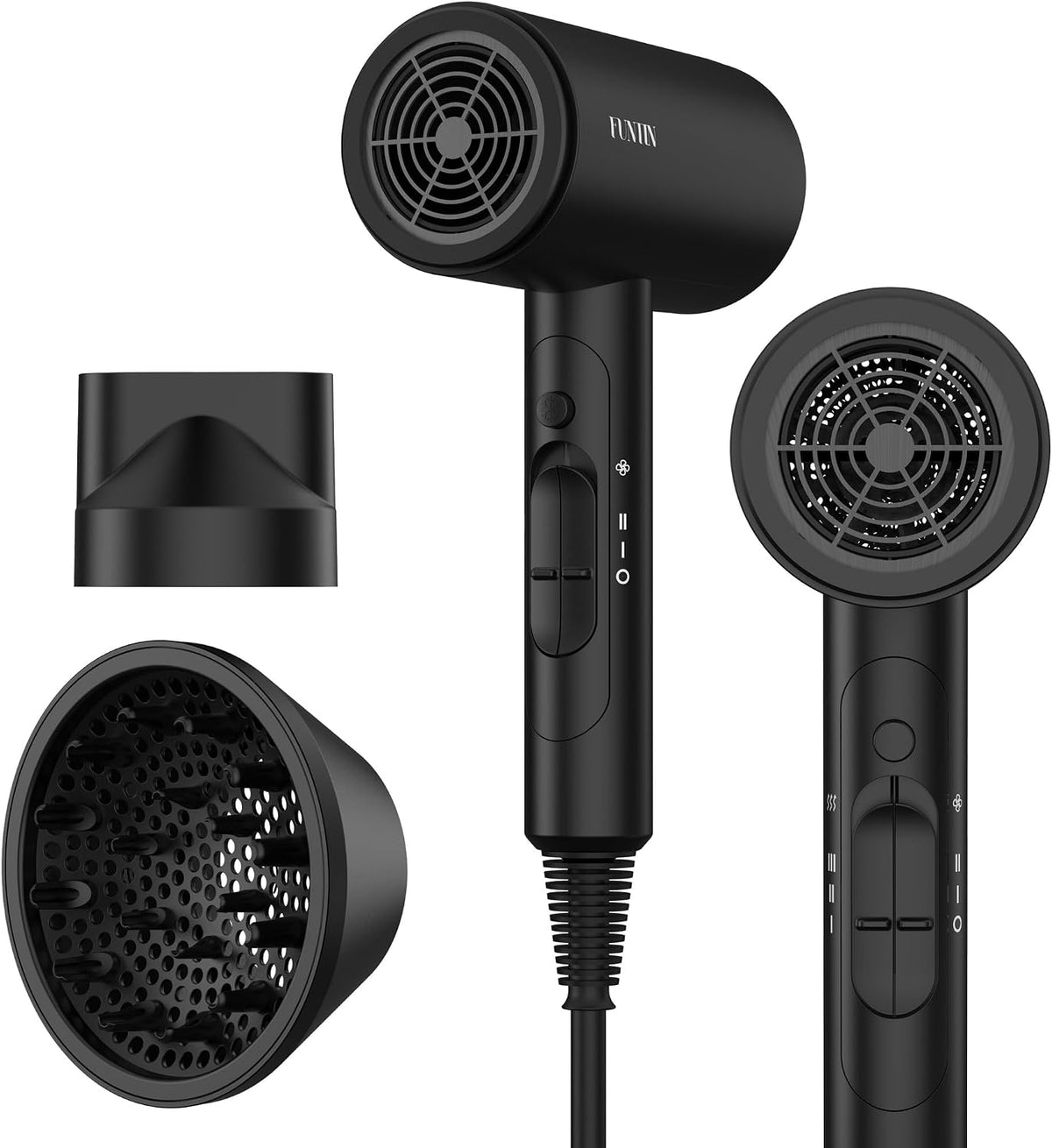 FUNTIN - Secador de pelo, secador de pelo con cepillo para polvo difusor para mujer, 4C, cabello rizado grueso, 1800 W, color negro profesional