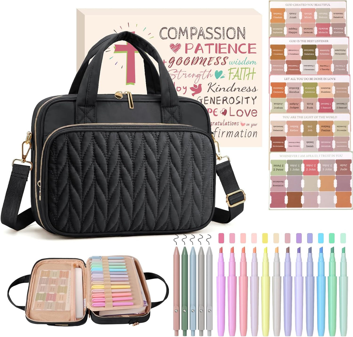Funda para Biblia BellaHold para mujer, bolsa grande para Biblia con artículos de estudio, kit para diario bíblico con marcadores y bolígrafos antitranspirantes, regalo cristiano para mujer (correa para el hombro, negro).