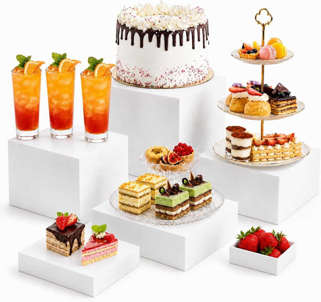 6 soportes y bases para buffet (3", 4", 5", 6", 7", 8"), soportes para mesa de buffet, soportes apilables de acrílico con base hueca, estante de exhibición para fiestas, catering, postres, joyas y coleccionables (blanco)
