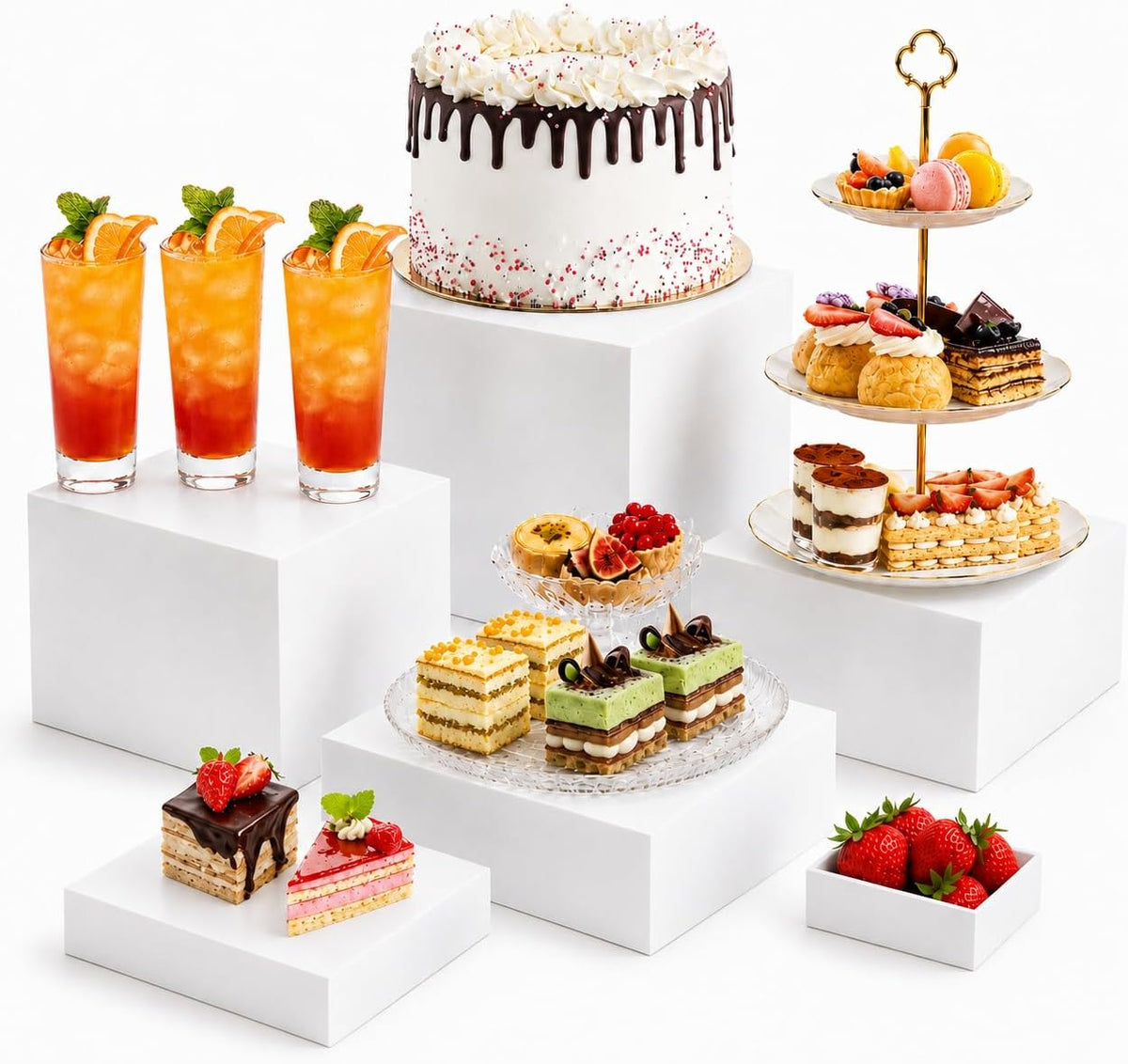 6 soportes y bases para buffet (3", 4", 5", 6", 7", 8"), soportes para mesa de buffet, soportes apilables de acrílico con base hueca, estante de exhibición para fiestas, catering, postres, joyas y coleccionables (blanco)