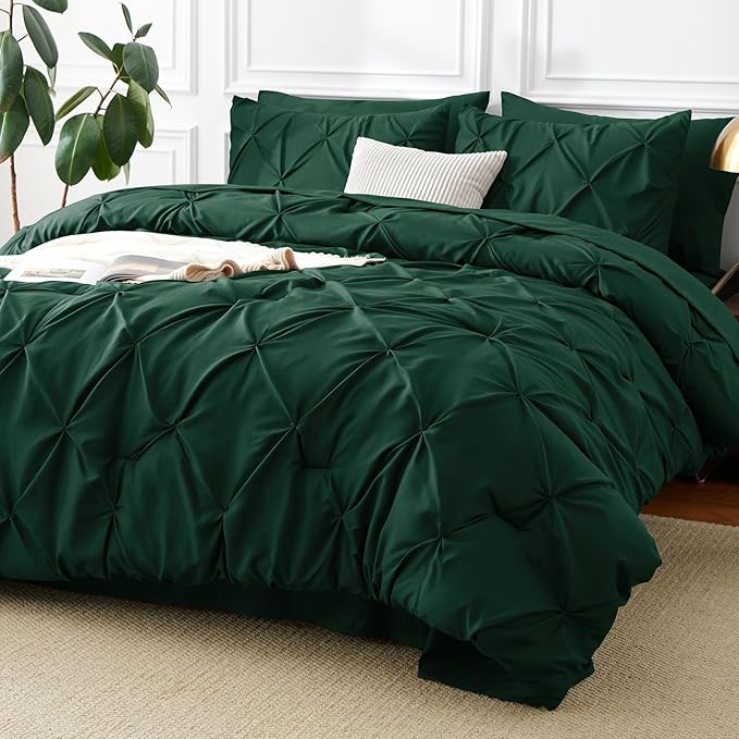 Set de Ropa de Cama CozyLux King – 7 Piezas Verde Esmeralda, Diseño Pintuck Pinch Pleat, Todas las Estaciones