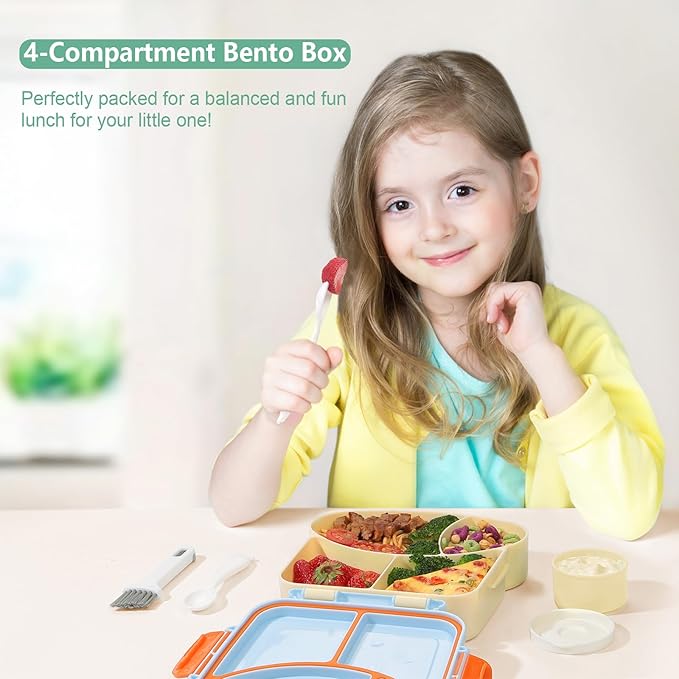 SAYAPE Lonchera Bento para niños, contenedor de comida con 4 compartimentos en forma de tostada, con taza de salsa, utensilios y cepillo, sin BPA, contenedor reutilizable con tapa, ideal para la escuela y viajes, color azul