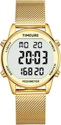 Reloj Podómetro para Mujer TIMEURE TU-2401 – Pulsera de Acero Inoxidable Dorada, Sin App ni Carga