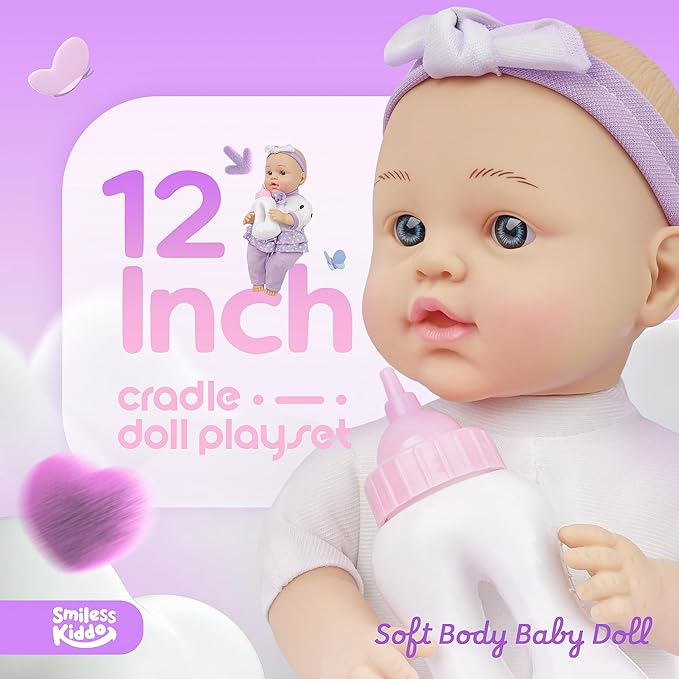 Muñeca Bebé SMILESSKIDDO 12" con Accesorios — Set con Cuna, Bibéron y Almohada para Niñas +2 Años (NO INCLUYE BINCHA NI COBIJA)