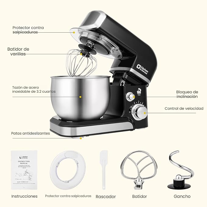 Kitchen in the Box Batidora de Pedestal Eléctrica 3.2Qt – 6 Velocidades, Ligera y Portátil, Incluye Batidor, Gancho y Paleta, Color Negro