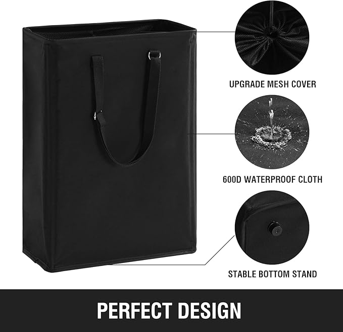 Cesta de lavandería delgada con asas largas ajustables, cestas pequeñas de 45 litros con parte superior de malla, cesta de ropa sucia estrecha para dormitorio, armario y baño, color negro