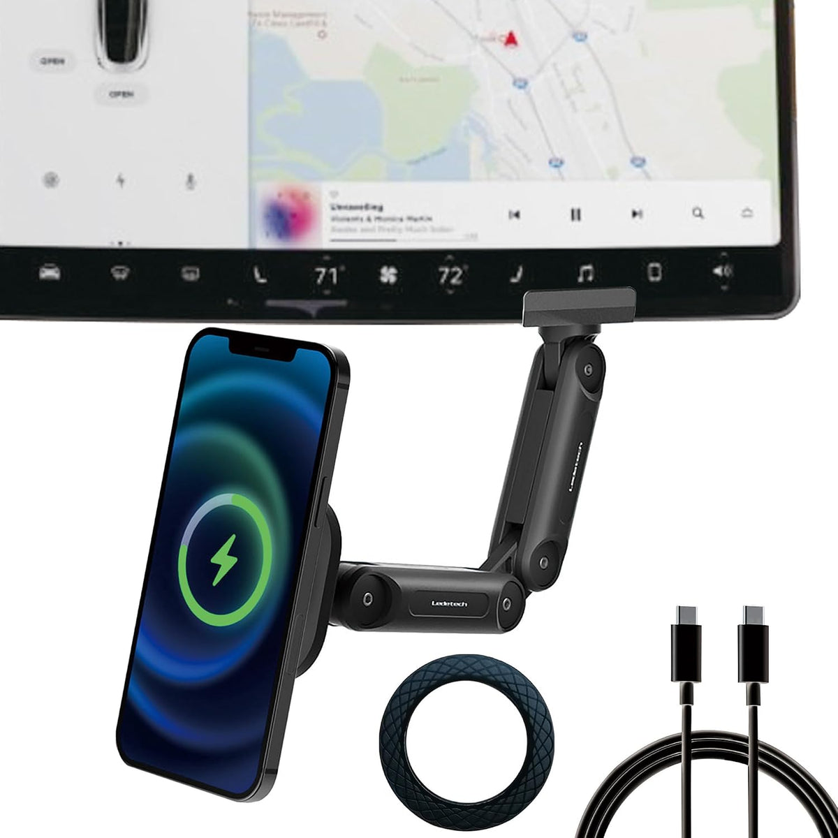 Soporte magnético inalámbrico para coche MEHIDFY para Tesla Model 3/Y, soporte magnético para teléfono con carga rápida de 15 W, soporte magnético potente para teléfono, compatible con funda MagSafe y iPhone 12/13/14 (2 brazos).