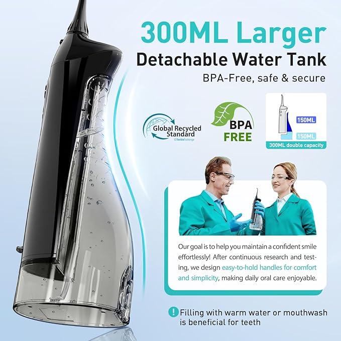 COSLUS Hilo Dental de Agua: Irrigador Oral Portátil Inalámbrico 300ML Recargable Limpiador de Viaje IPX7 Impermeable Máquina de Hilo Dental Eléctrico para Limpieza de Dientes C20(F5020E)