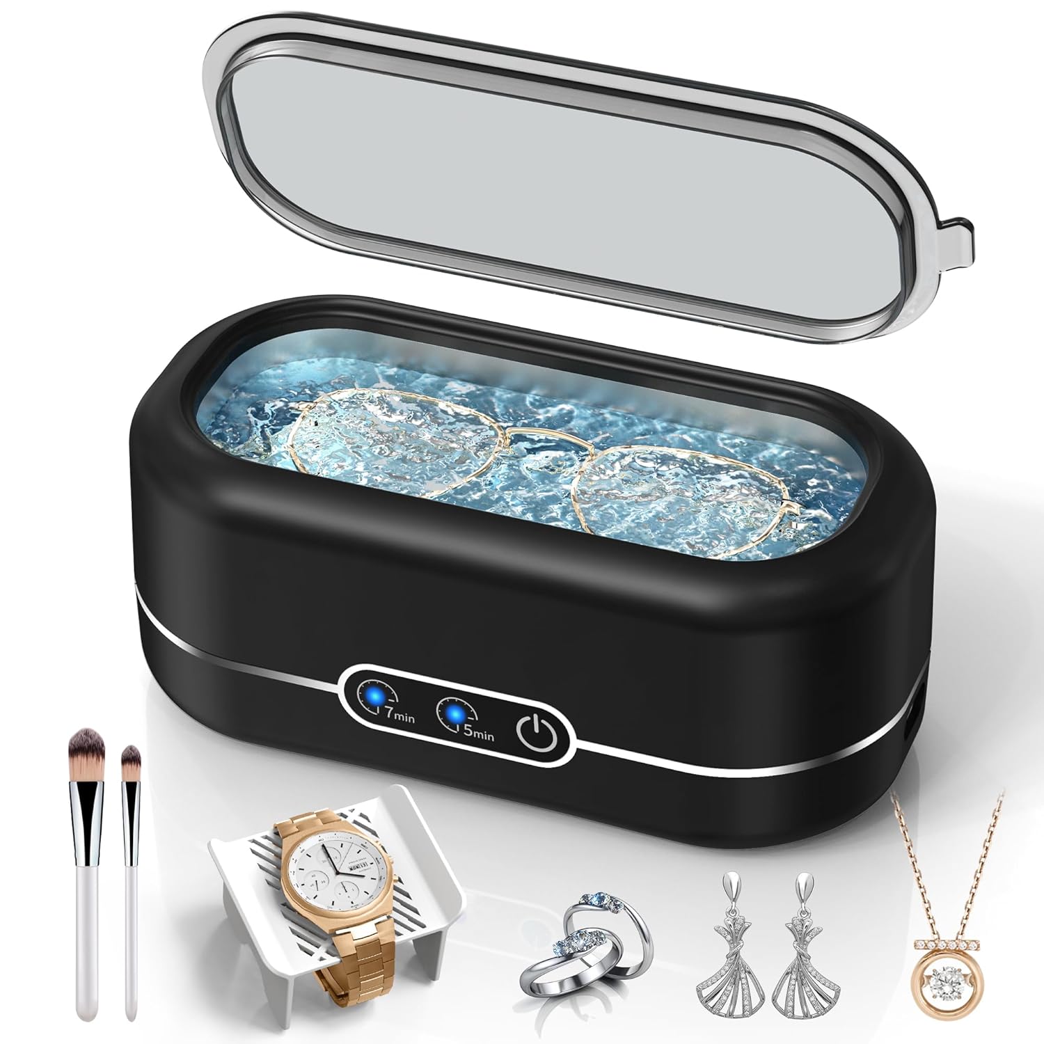 Limpiador Ultrasónico de Joyas 48KHz – 2 Modos, Acero Inoxidable 304, 355ml, Color Negro