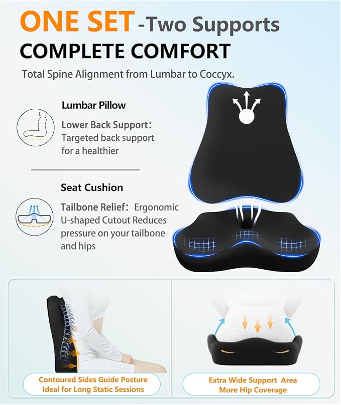 Juego de cojín de asiento y almohada de apoyo lumbar para silla de oficina, almohada ergonómica para aliviar el dolor de ciática