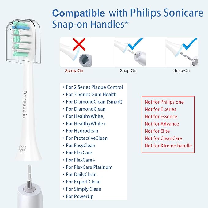 Cabezales de repuesto para cepillo de dientes Densuuclin para asas Philips Sonicare y otros mangos Click-on, paquete de 12 unidades, color blanco