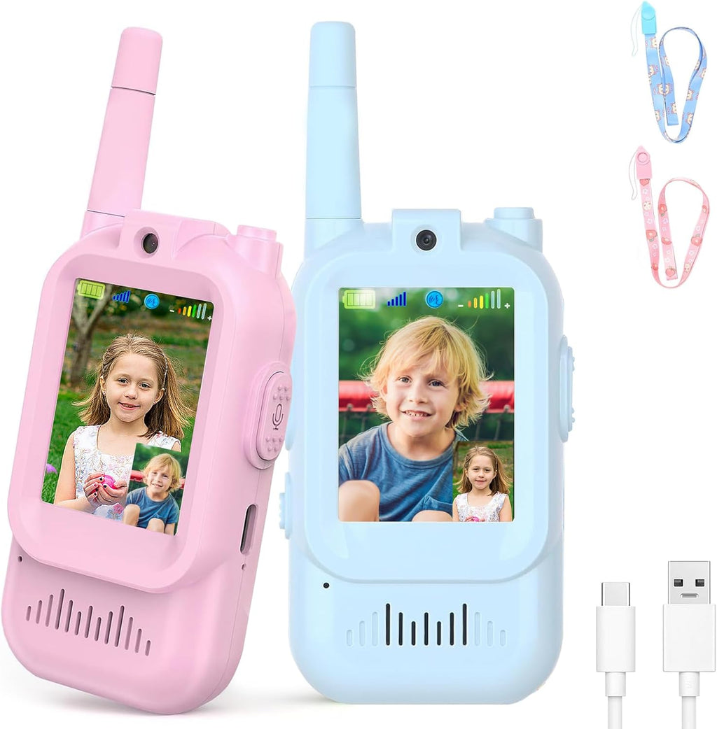 Walkie-talkies con video para niños, recargables (paquete de 2), juguetes para interior y exterior, para fiestas, camping, Navidad, cumpleaños, para niñas y niños de 3, 4, 5, 6, 7, 8 y 9 años, azul y rosa. 