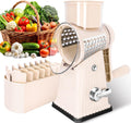 YHBRAK Rotary Cheese Grater with 5 Well-designed Blades & Strong Suction Base, Kitchen Mandoline Vegetable Slicer with Blade Storage Box(Off-white)