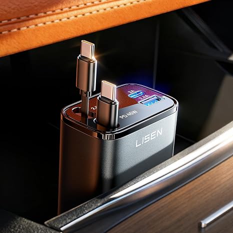LISEN - Cargador retráctil para automóvil, adaptador de cargador de automóvil USB C de 69 W, carga rápida para iPhone 16, 15, 14, 13, 12, Samsung, gris