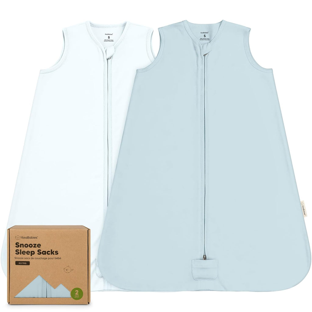 2 Pack Saco de Dormir Bebé con Cierre – 100% Algodón Orgánico 0.5TOG Ligero para 3-6 Meses, Fácil de Poner, Color Glaciar Talla S