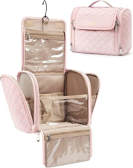 BAGSMART Bolsa de maquillaje para mujer con gancho para colgar, gran capacidad portátil, resistente al agua, organizador de viaje para artículos de tocador y cosméticos, color rosa