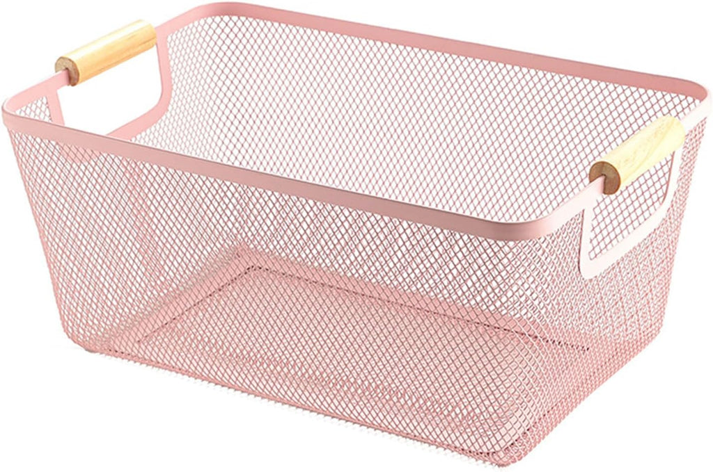 Cesta de malla metálica AJIODA, cesta organizadora de almacenamiento grande de alambre, cestas colgantes multifuncionales para cocina con asa de madera para cocina, baño, picnic y hogar, rectangular-rosa