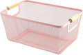 Cesta de malla metálica AJIODA, cesta organizadora de almacenamiento grande de alambre, cestas colgantes multifuncionales para cocina con asa de madera para cocina, baño, picnic y hogar, rectangular-rosa