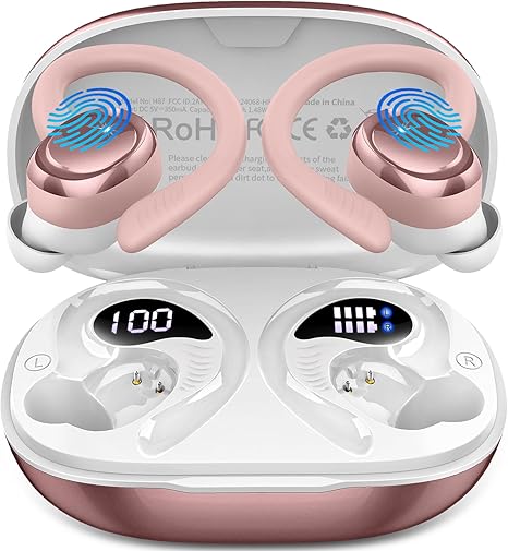 Hupoaf Auriculares Inalámbricos Deportivos, Nuevos Auriculares Bluetooth 5.4 con Ganchos para los Oídos, 50H Auriculares Estéreo con Graves Profundos y 4 Micrófonos ENC con Cancelación de Ruido