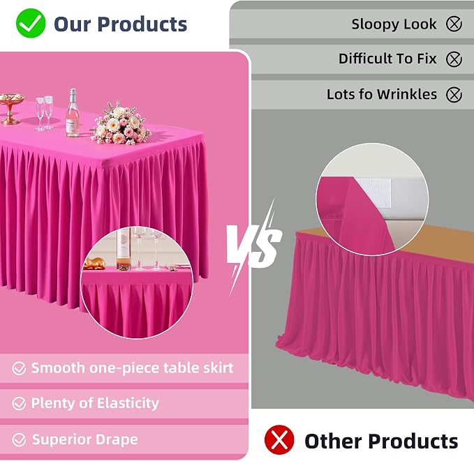 PARTISKY Mantel Rosa Intenso con Falda Plisada para Mesa Rectangular de 4 Pies – Paquete de 2 Paneles