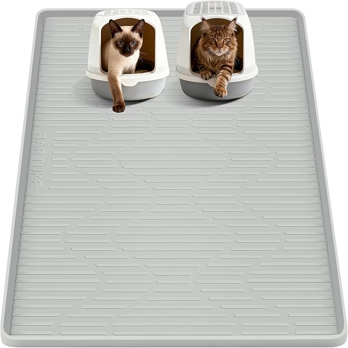Tapete de silicona para arena para gatos, extra grande, tapete para atrapar arena para control de dispersión, impermeable, suave para patas de gatito, suelo limpio (gris)