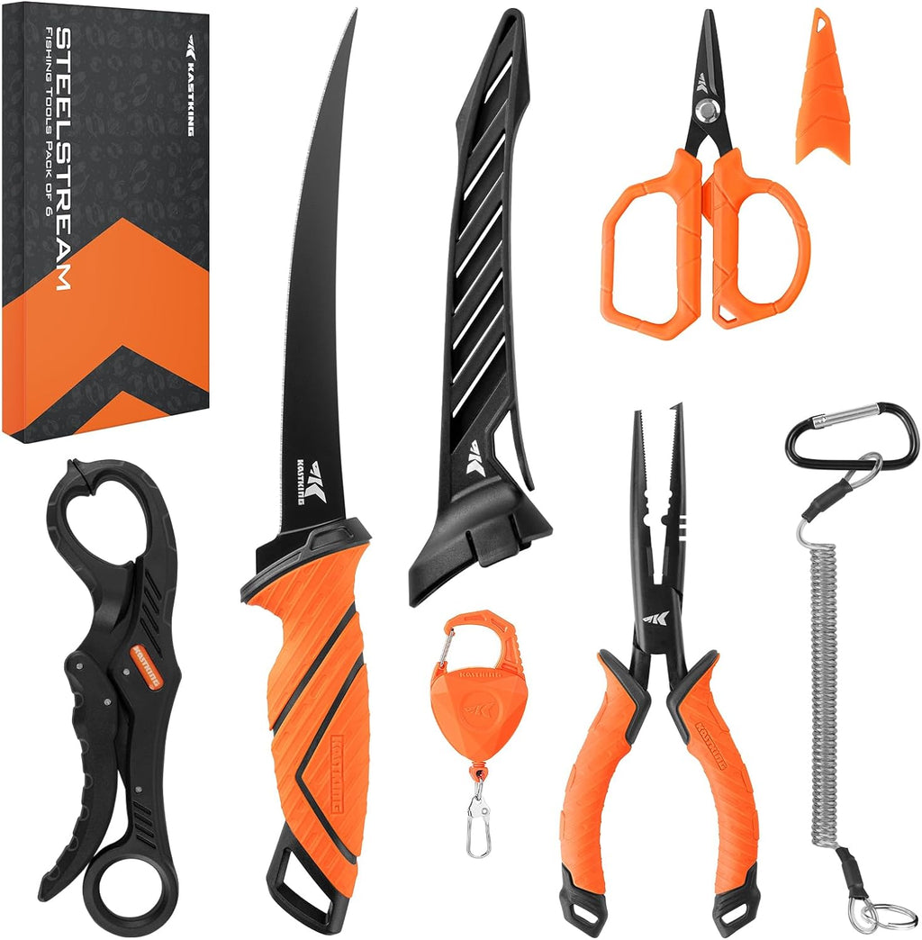 Kit de herramientas de pesca KastKing SteelStream de 6 piezas: alicates de pesca resistentes a la corrosión con cordón, cuchillo para filetear, pinza flotante para labios de pescado, tijeras para trenzas de pesca, retractor de herramientas, regalos de