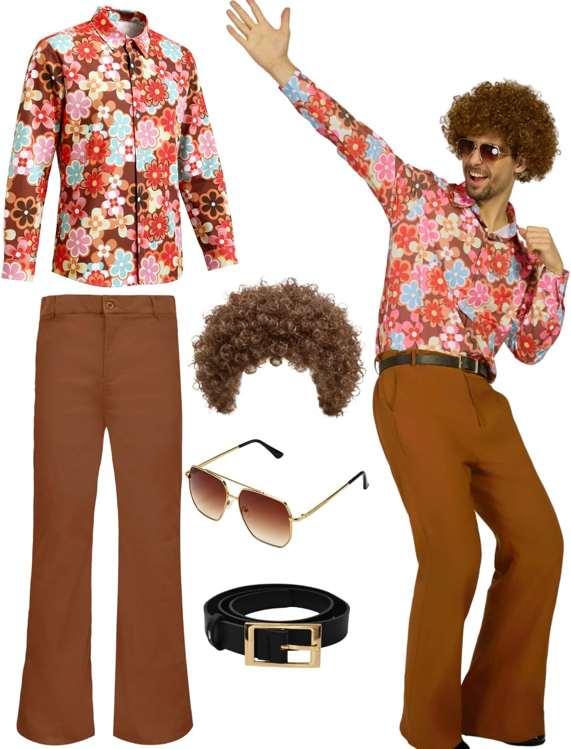 70s Disco Outfits for Men 70's Retro Clothes Shirt Bell Bottom Pants Vintage Hip Hop Costume with Wig Accessories Orange L