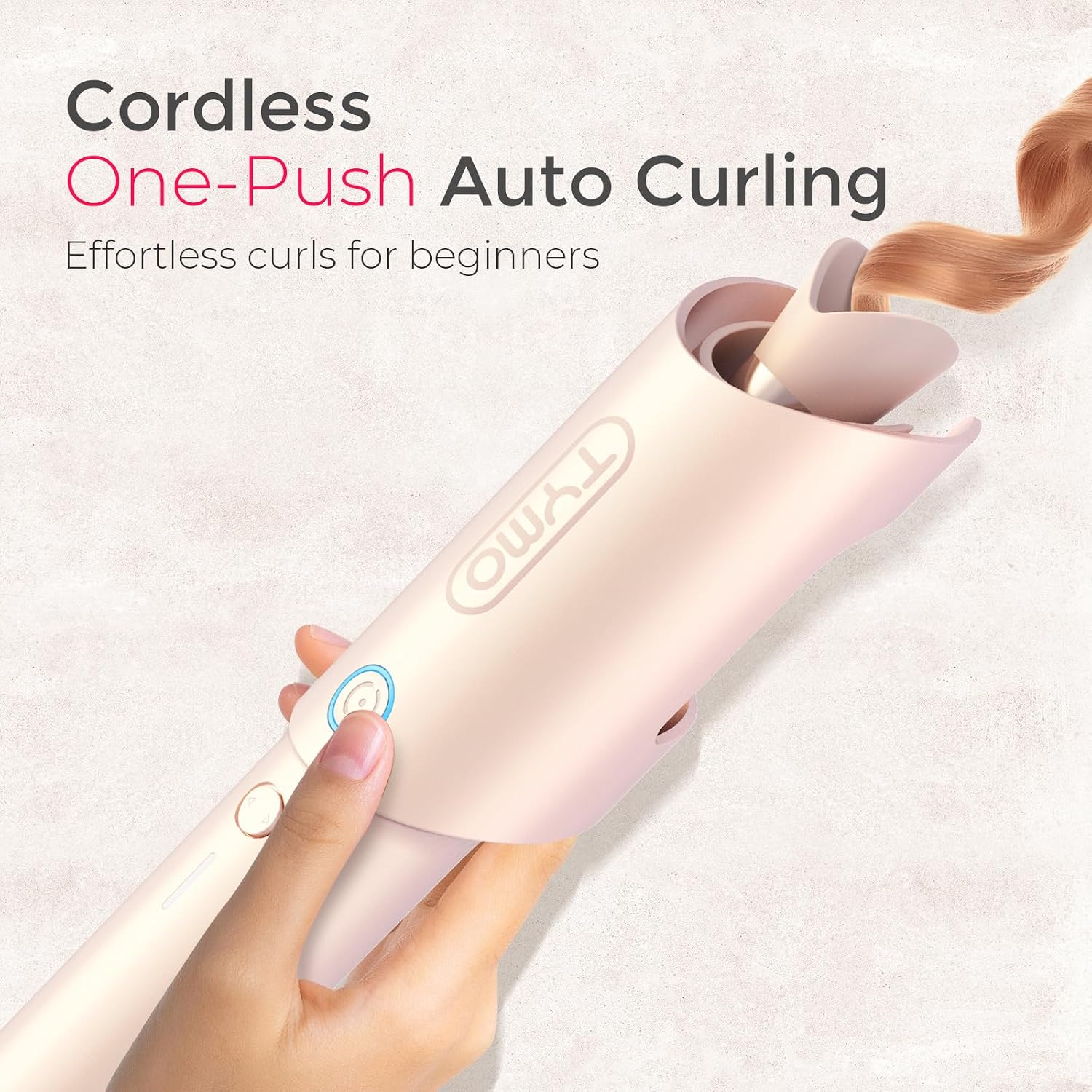 TYMO CURLGO - Rizador automático inalámbrico de 1 pulgada – Rizador giratorio TYMO CURLGO, antiquemaduras y sin enredos para rizos fáciles, rizador de pelo de viaje portátil, recargable y de doble voltaje para cabello de 14 a 22 pulgadas, rubor dorado
