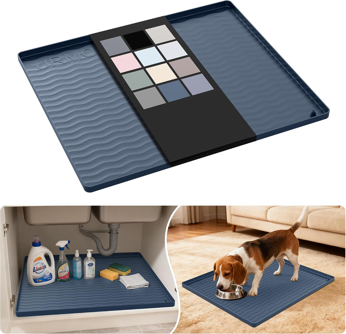 Alfombrilla impermeable de silicona URMONA para debajo del fregadero, 56 x 48 cm, para estantes de cocina y baño, protector de armarios y encimeras, organizadores y almacenamiento, alfombrilla para arena de gatos, artículos esenciales para mascotas (gris