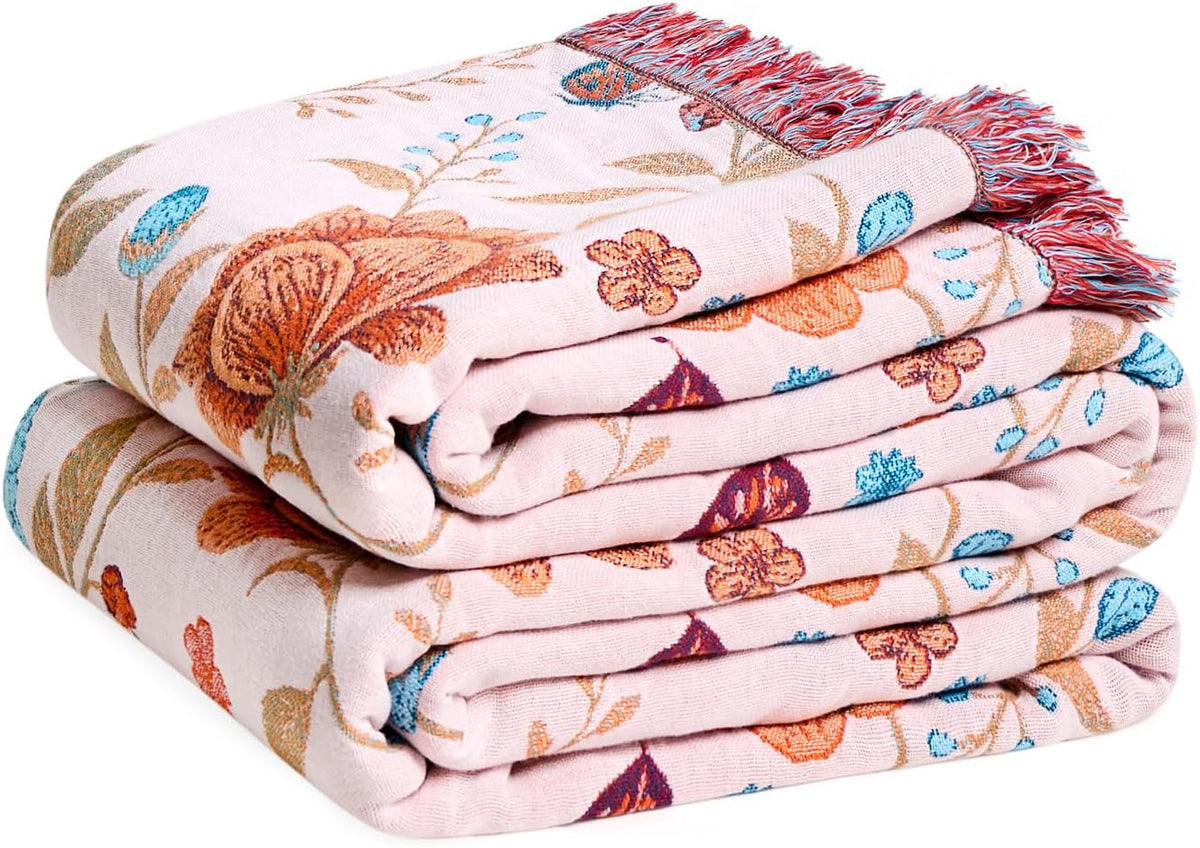 Manta decorativa LUTBM Boho para sofá, sillón, de algodón, ideal para verano, dormitorio y sala de estar. Suave, ligera, reversible, con bordado floral y de mariposas. 50"x60". Decoración para el hogar.