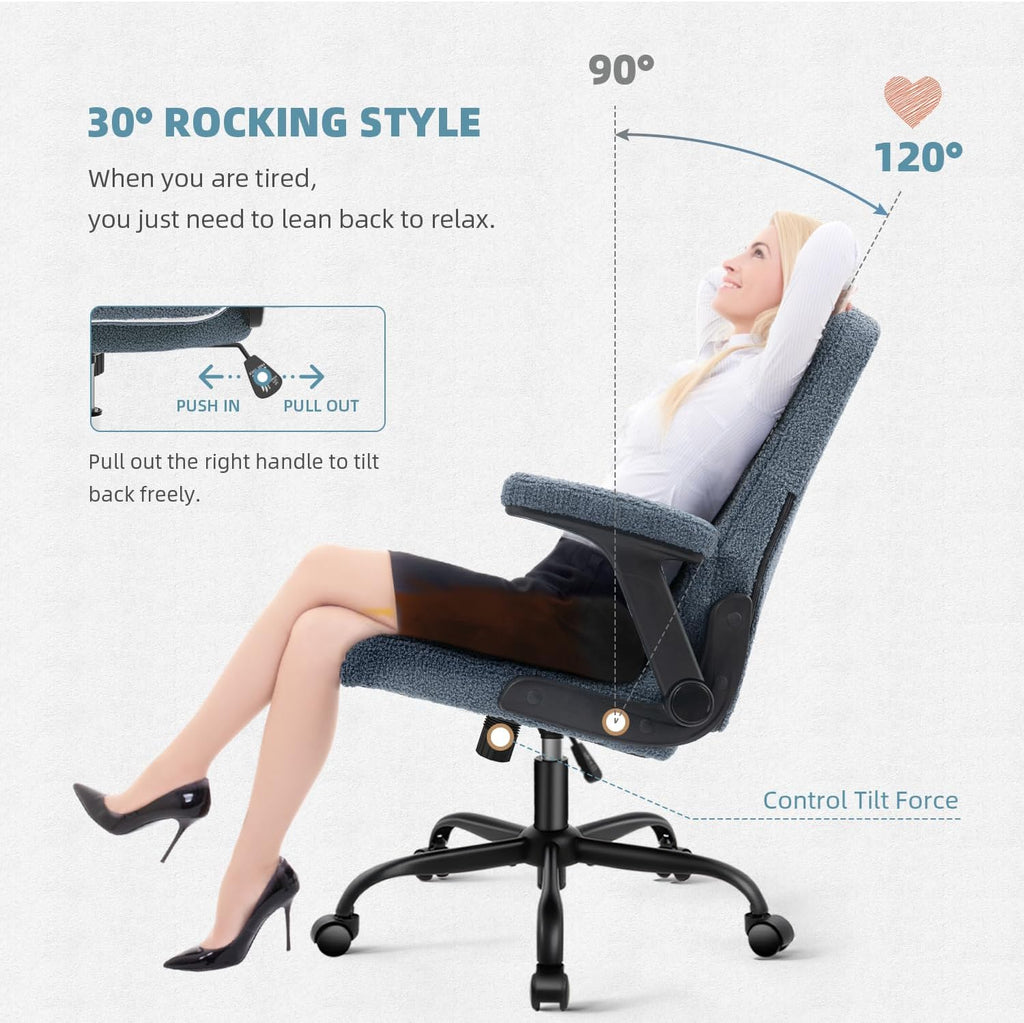 SEATZONE - Silla de oficina con ruedas, ergonómica para oficina en casa con reposabrazos abatible, cómoda silla ajustable con forro polar
