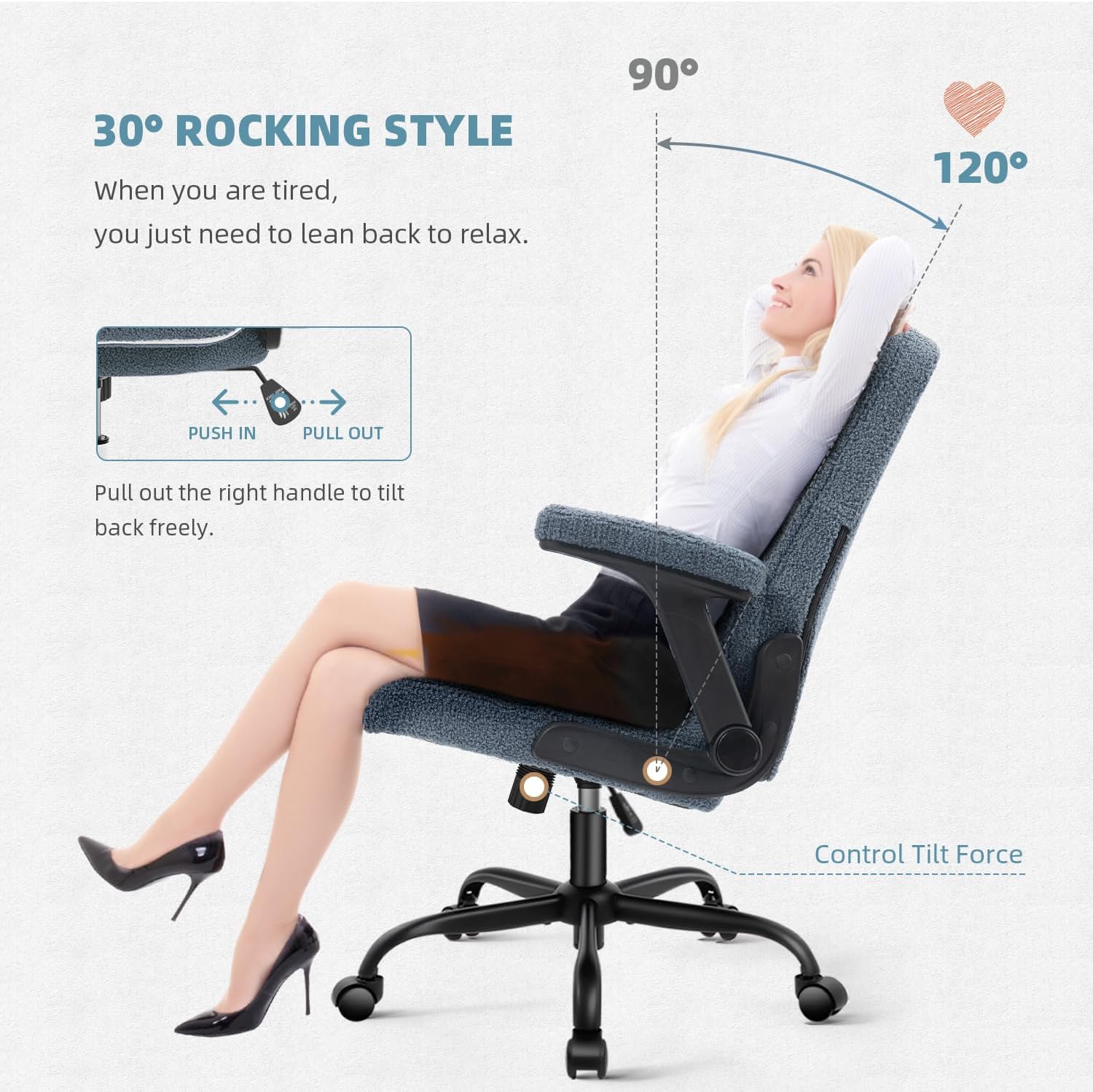 SEATZONE - Silla de oficina con ruedas, ergonómica para oficina en casa con reposabrazos abatible, cómoda silla ajustable con forro polar