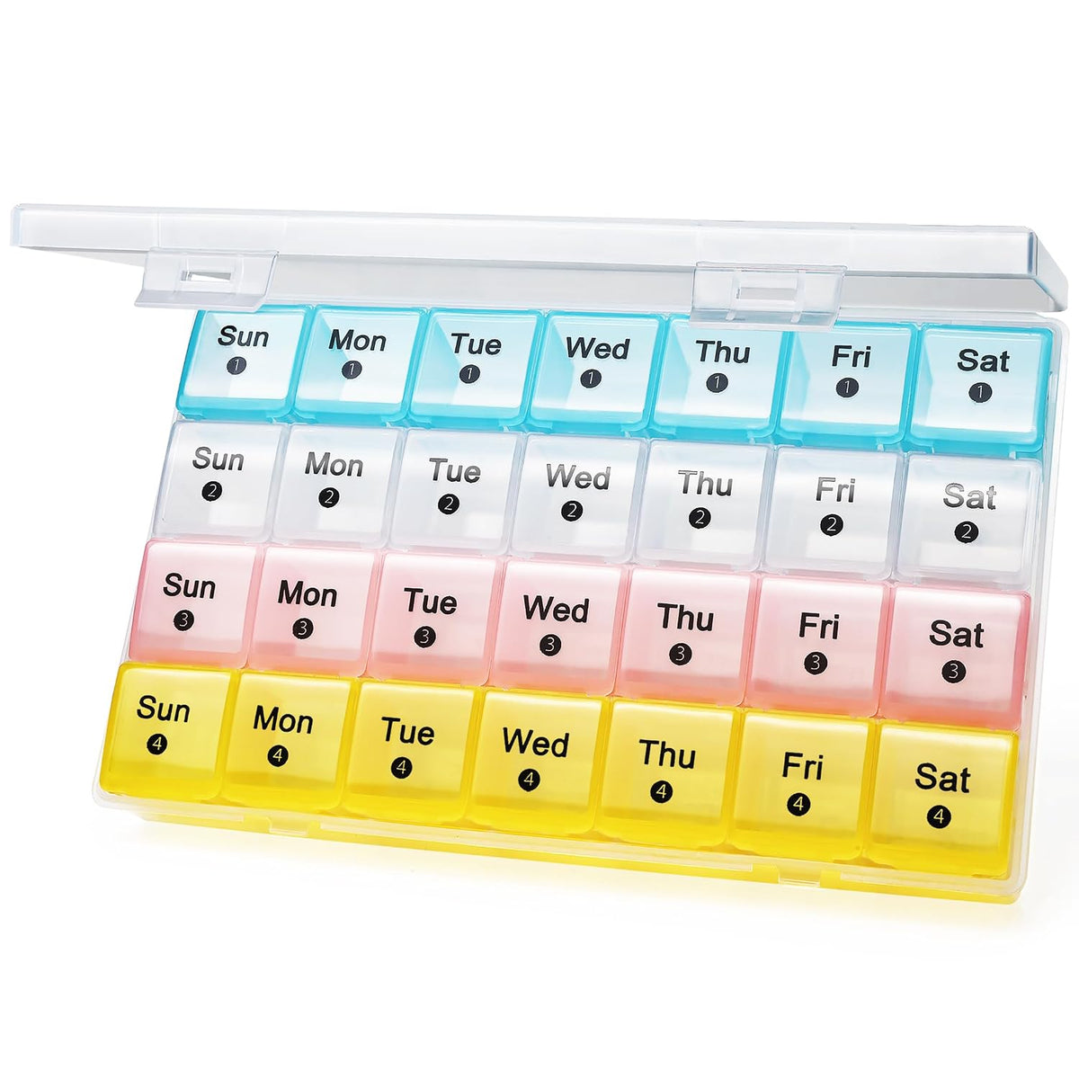Organizador de pastillas mensual FHORAIN de 28 días, pastillero de 4 semanas de 7 días, organizador semanal XL para vitaminas, aceite de pescado y suplementos (multicolor)