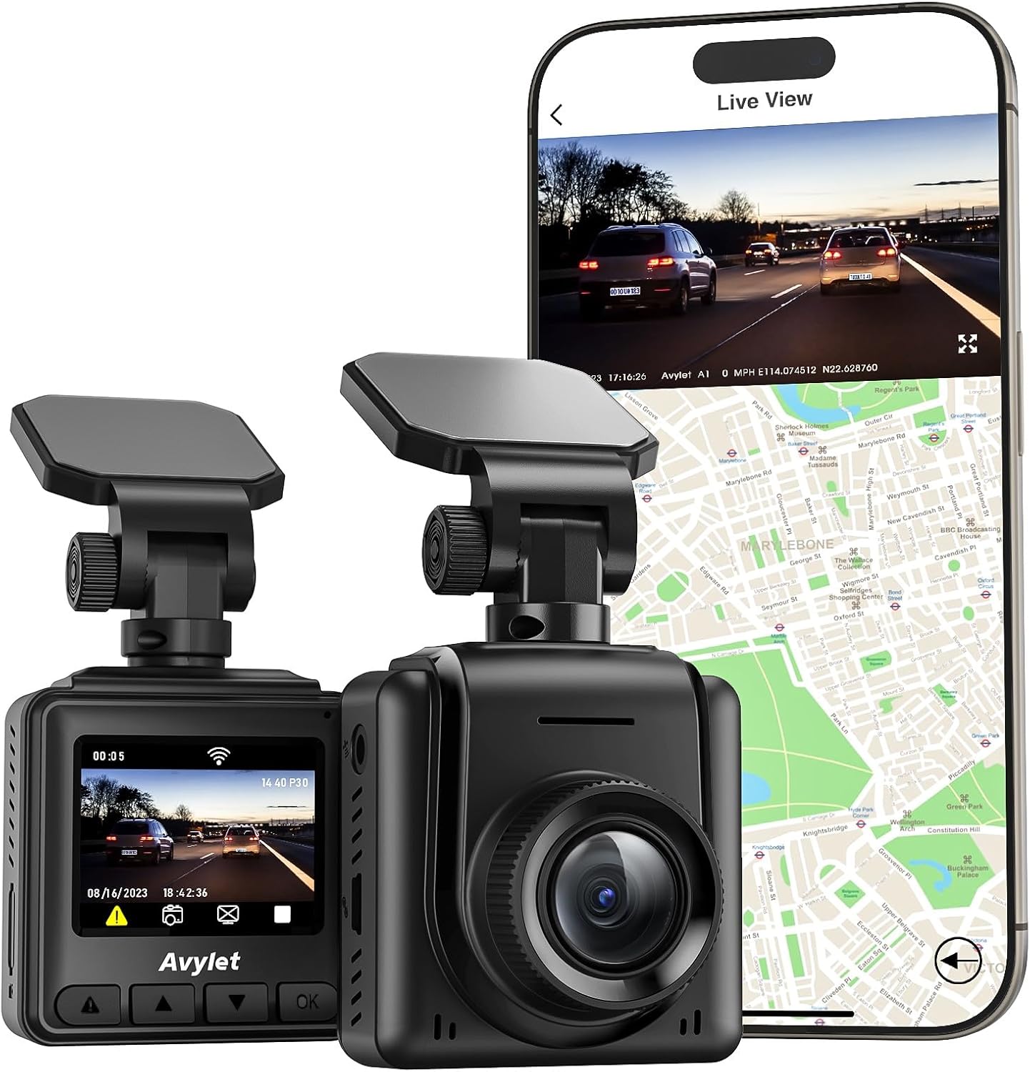Cámara de salpicadero 2K, WiFi con aplicación, GPS externo, pantalla IPS de 1,5'', cámara frontal para coche, minicámara, visión nocturna WDR, monitor de aparcamiento 24 horas, grabación en bucle, sensor G 