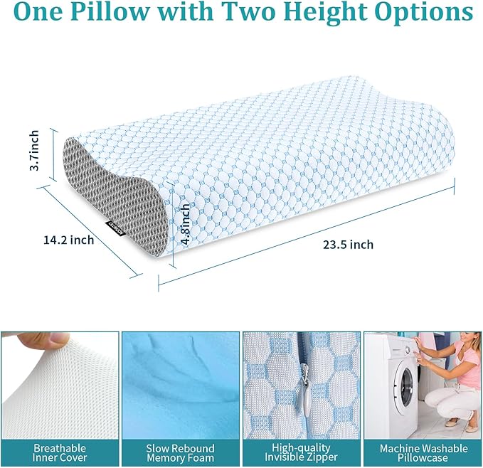 Almohada cervical de espuma viscoelástica, almohada refrescante de apoyo para el cuello para aliviar el dolor, almohada cervical ergonómica para dormir, almohada ortopédica de contorno para dormir de lado, espalda y boca abajo (azul y gris)