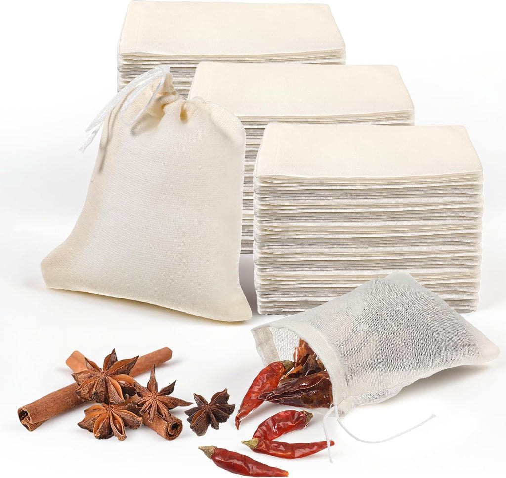 Xelsluthe 300 Bolsas de Especias para Cocinar | Bolsas de Muselina con Cordon Reutilizables para Sopa, Te Suelto y Queso | 3x4 Pulgadas