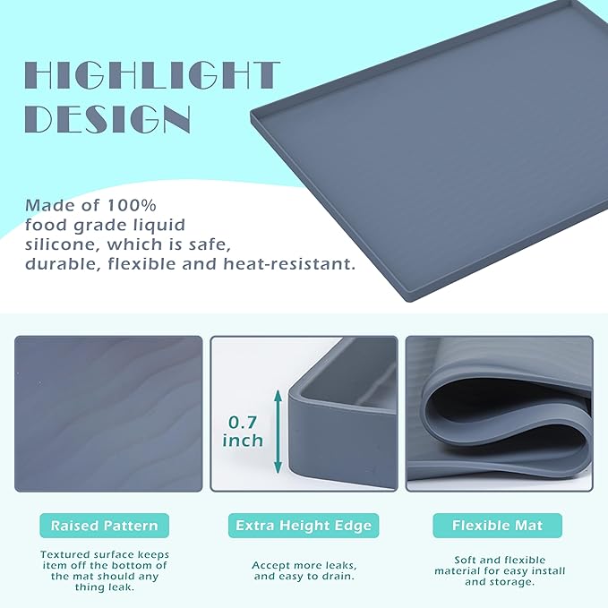 URMONA Tapete de silicona impermeable para debajo del fregadero de 19 x 12 pulgadas, forro para estante de cocina y baño, protector de gabinetes y mostradores, almacenamiento y organizadores, tapete de arena, artículos esenciales para mascotas