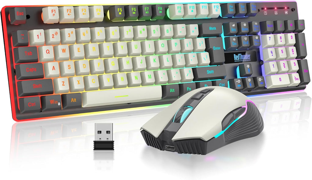 Combo de teclado y ratón inalámbricos para juegos RedThunder K10 Pro, retroiluminación RGB, batería recargable de 3800 mAh, teclado con sensación mecánica y tecnología anti-ghosting + ratón 7D de 3200 DPI para jugadores de PC (blanco y gris).
