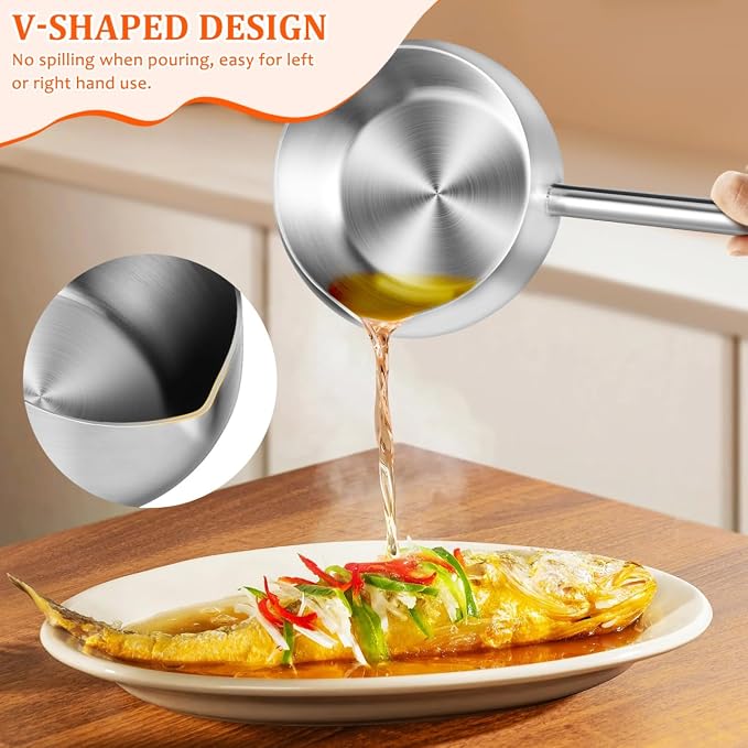 Cucharón de sopa de acero inoxidable con boquilla de vertido Cucharón de aceite de agua de mango largo para cocina Sirviendo sopas y salsas de llovizna plateada 9.5 fl oz