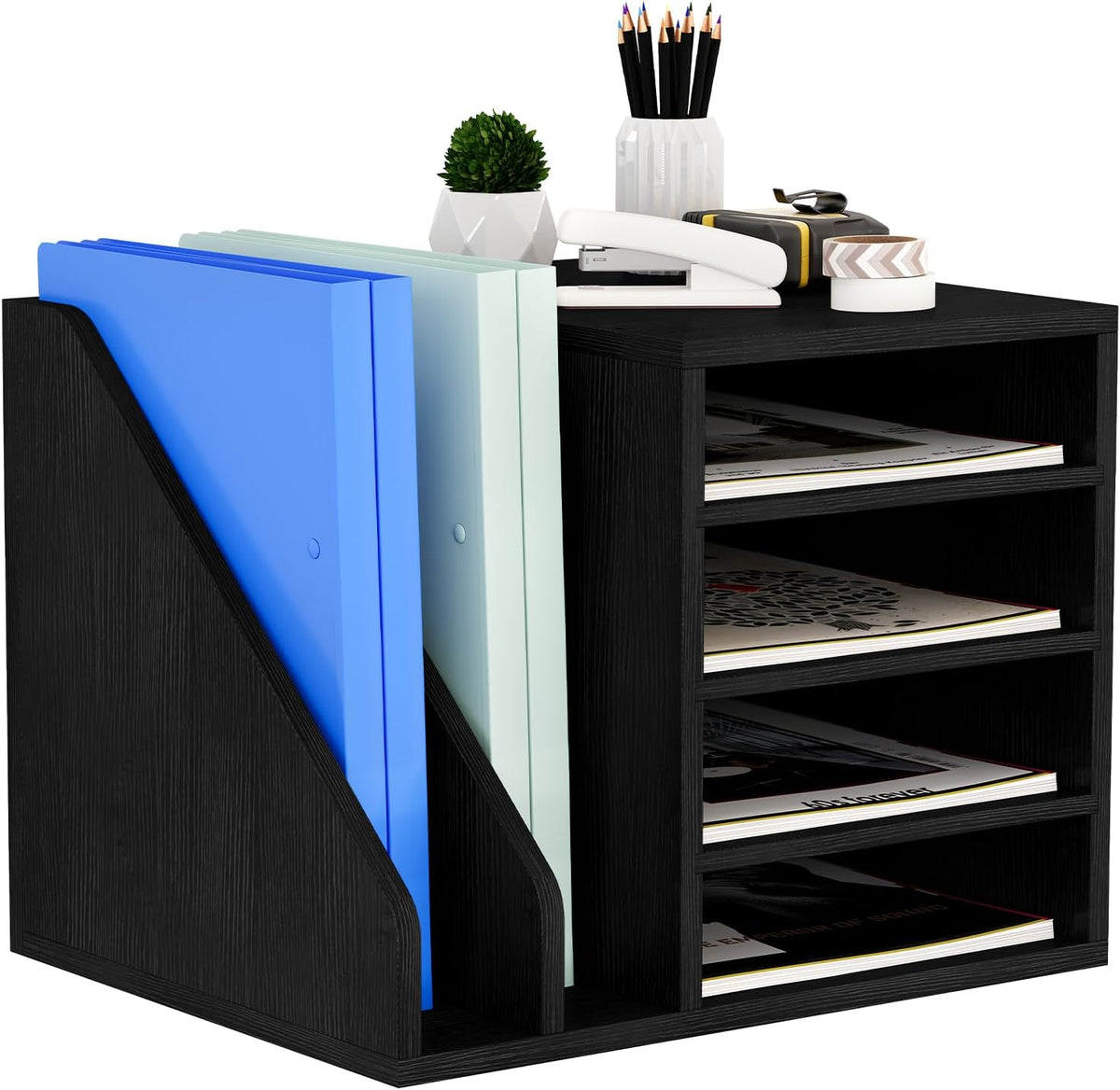 Organizador de Escritorio de Madera Senhoglb | Porta Documentos y Correspondencia con Compartimentos Ajustables | Para Hogar, Oficina y Escuela | Negro