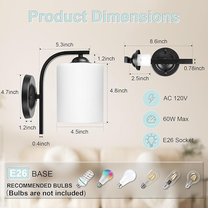 Aplique de Pared 2 Luces Moderno Negro Mate — Pantallas de Vidrio Blanco Lechoso, Socket E26, Para Baño, Dormitorio y Pasillo (Bombillas No Incluidas)