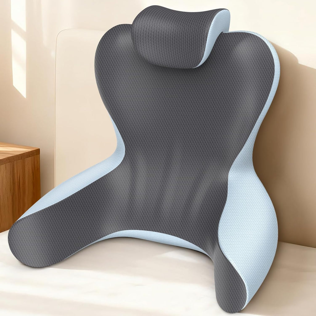 Almohada de Lectura para Cama 22'' | Respaldo con Brazos y Soporte Lumbar para Sentarse, Gaming y Descanso (Gris y Azul) ARTICULO VIENE COMO SE OBSERVA EN LA SEGUNDA Y TERCERA IMAGEN )