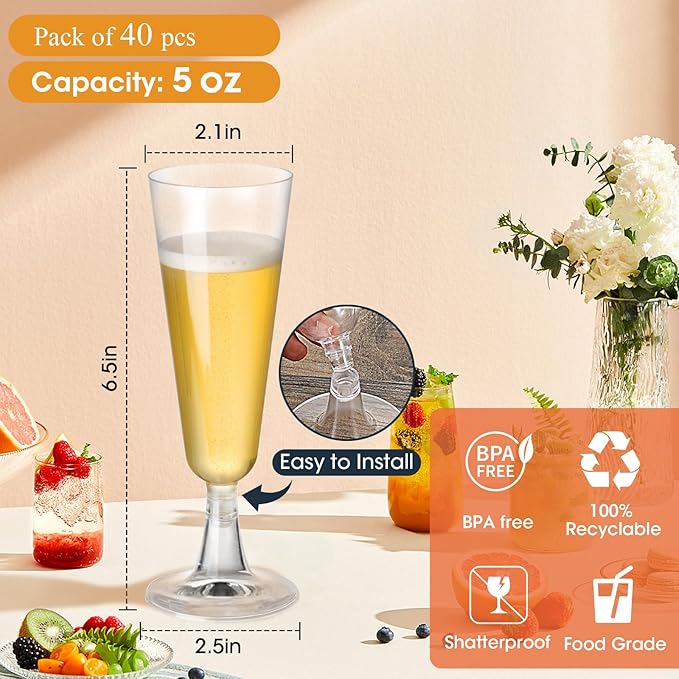 SUREHOME Copas de Champán de Plástico Paquete de 24 Copas Desechables de 5oz Vasos Transparentes para Mimosa Cóctel a Granel Bodas y Fiestas