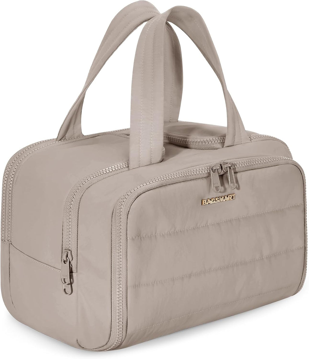 Neceser de viaje BAGSMART, neceser Crush para mujer, neceser acolchado de gran apertura para viajes, neceser grande de viaje para cosméticos y maquillaje, organizador para accesorios, artículos de aseo, marrón grisáceo