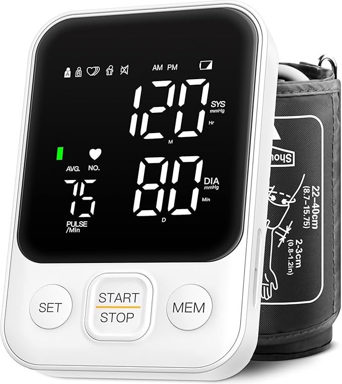 Monitor de presión arterial máquina de brazo superior preciso manguito BP ajustable kit pantalla led retroiluminada 2 usuarios 240 conjuntos de memoria incluye bolsa de almacenamiento blanco