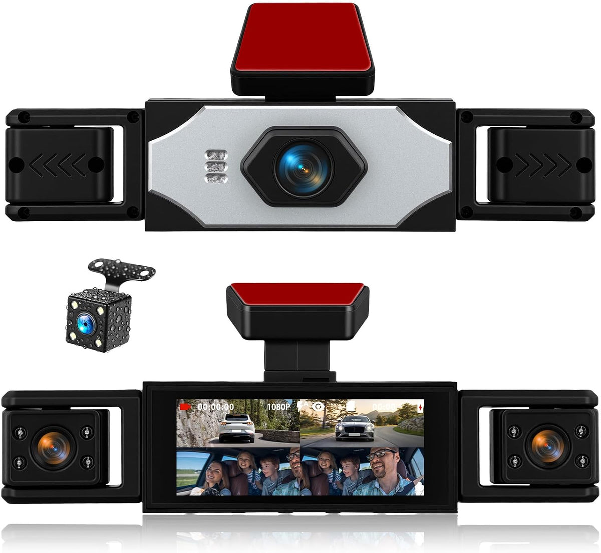 Cámara de salpicadero de 4 canales y 360° para frontal y trasera (izquierda y derecha), 3,16" 1080P, 4 vías, para coches, con visión nocturna infrarroja, grabación en bucle, asistencia de aparcamiento y monitorización de aparcamiento 24 horas.