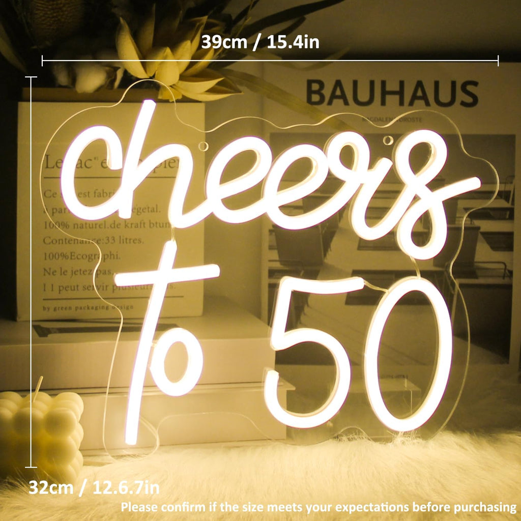 Letrero Neón Cheers to 50 39x32cm Luces LED Decoración de Pared Cumpleaños 50 Años para Dormitorio, Bar, Fiesta - Regalos