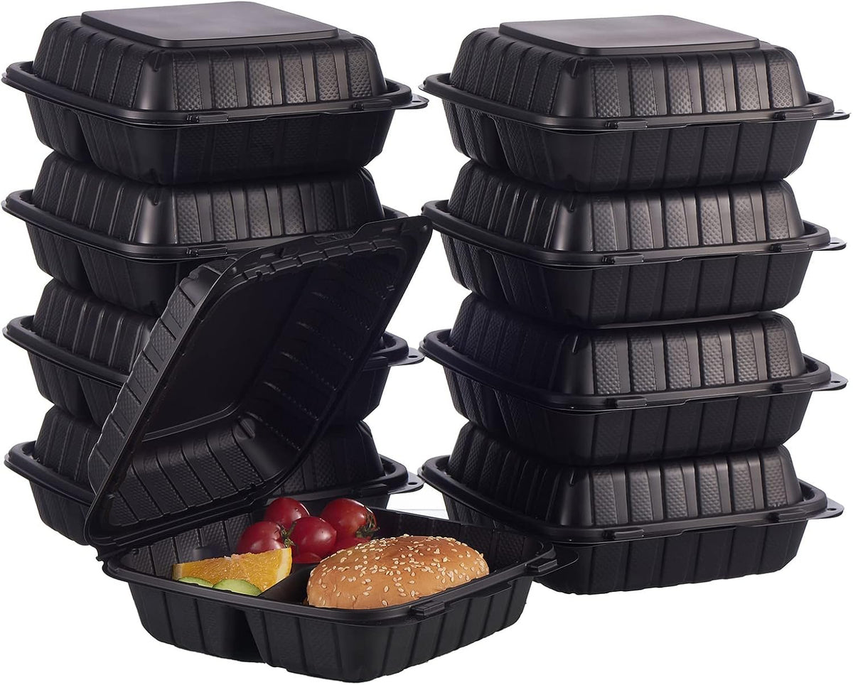 Contenedores Desechables FULING 20x20 cm, 45 Piezas | 3 Compartimentos, Tipo Concha para Llevar | Aptos Microondas, Resistentes al Corte | Polipropileno | Negro
